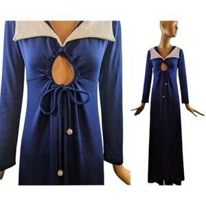 Disco 1970s navy long maxi dress‎ sexy keyhole cutout wide collar pearl tie